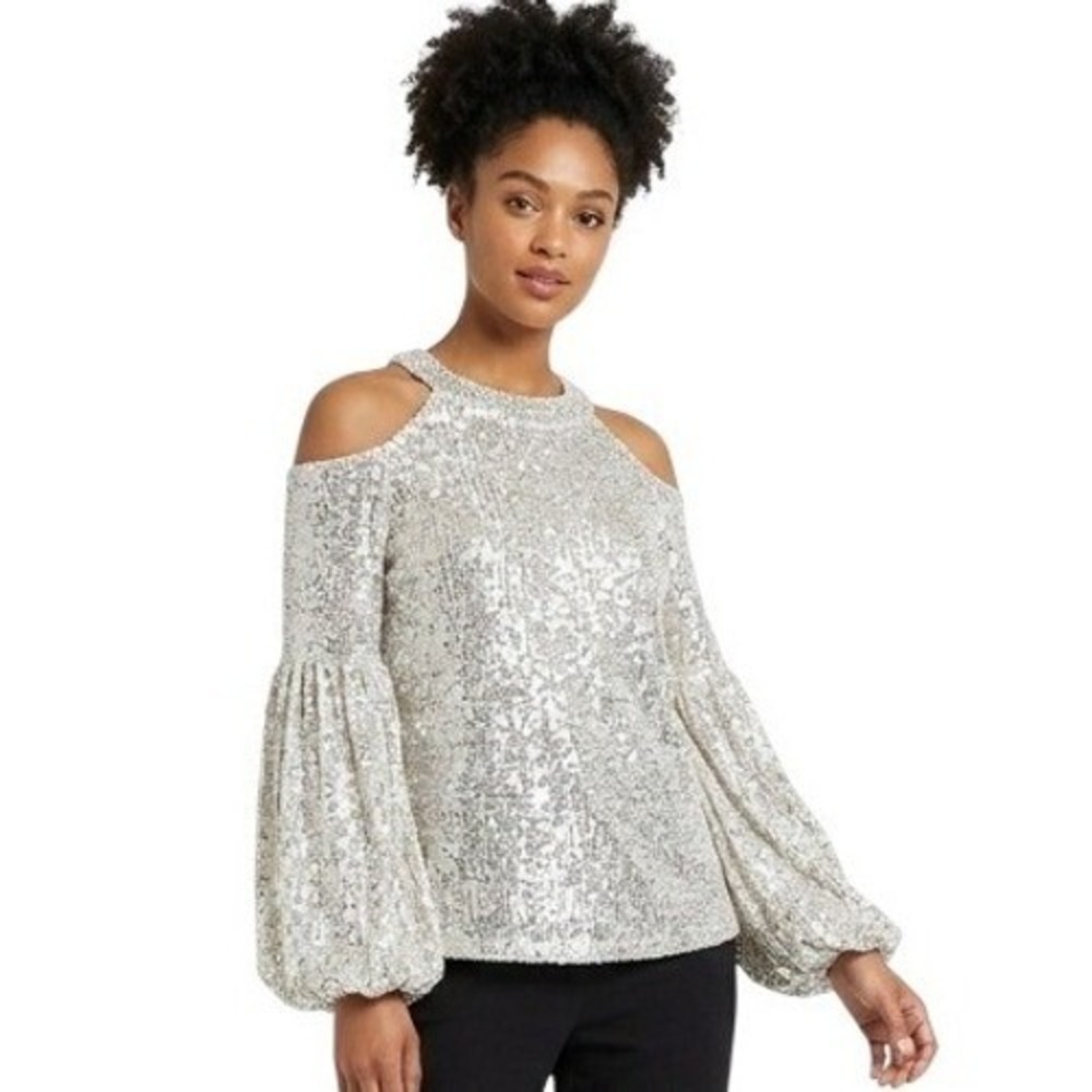 CeCe Blouse Womens M Silver Sequin Cold Shoulder Mock Neck Balloon Sleeve Party